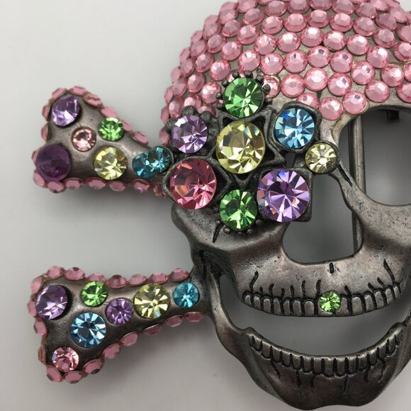 Skull Pin Brooch Rhinestones Pink Pirate Halloween Goth Sparkle Large 4” X 3” - Picture 7 of 15